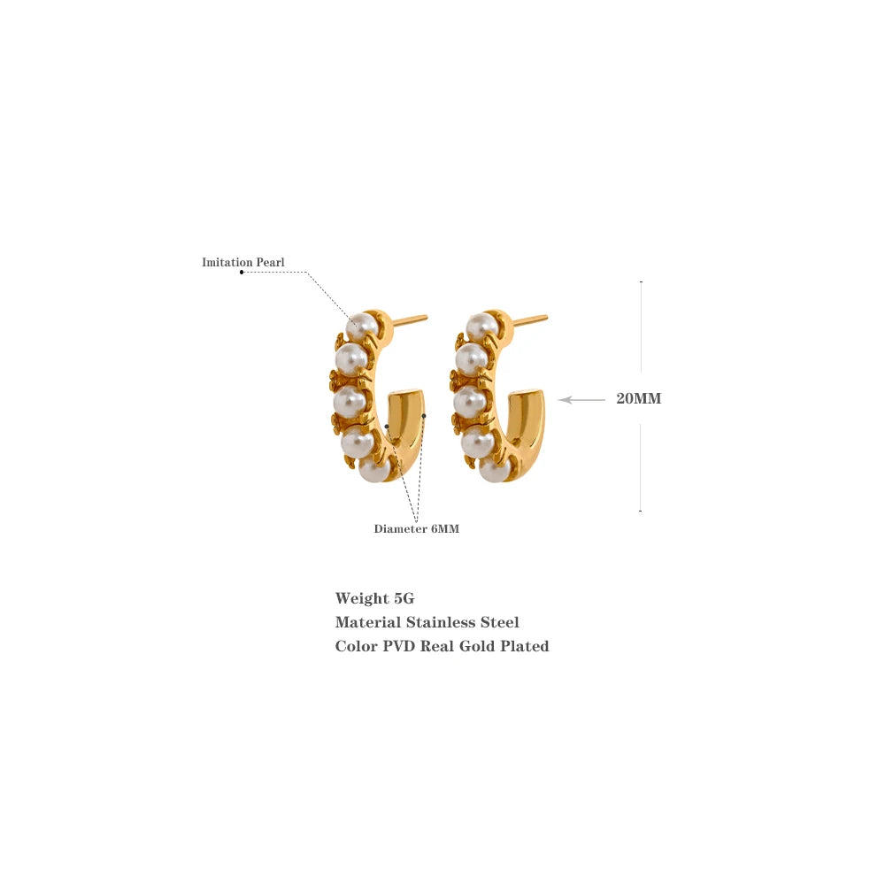 Water-Resistant 18K Gold Plated Hoop Earrings with Simulated Pearls