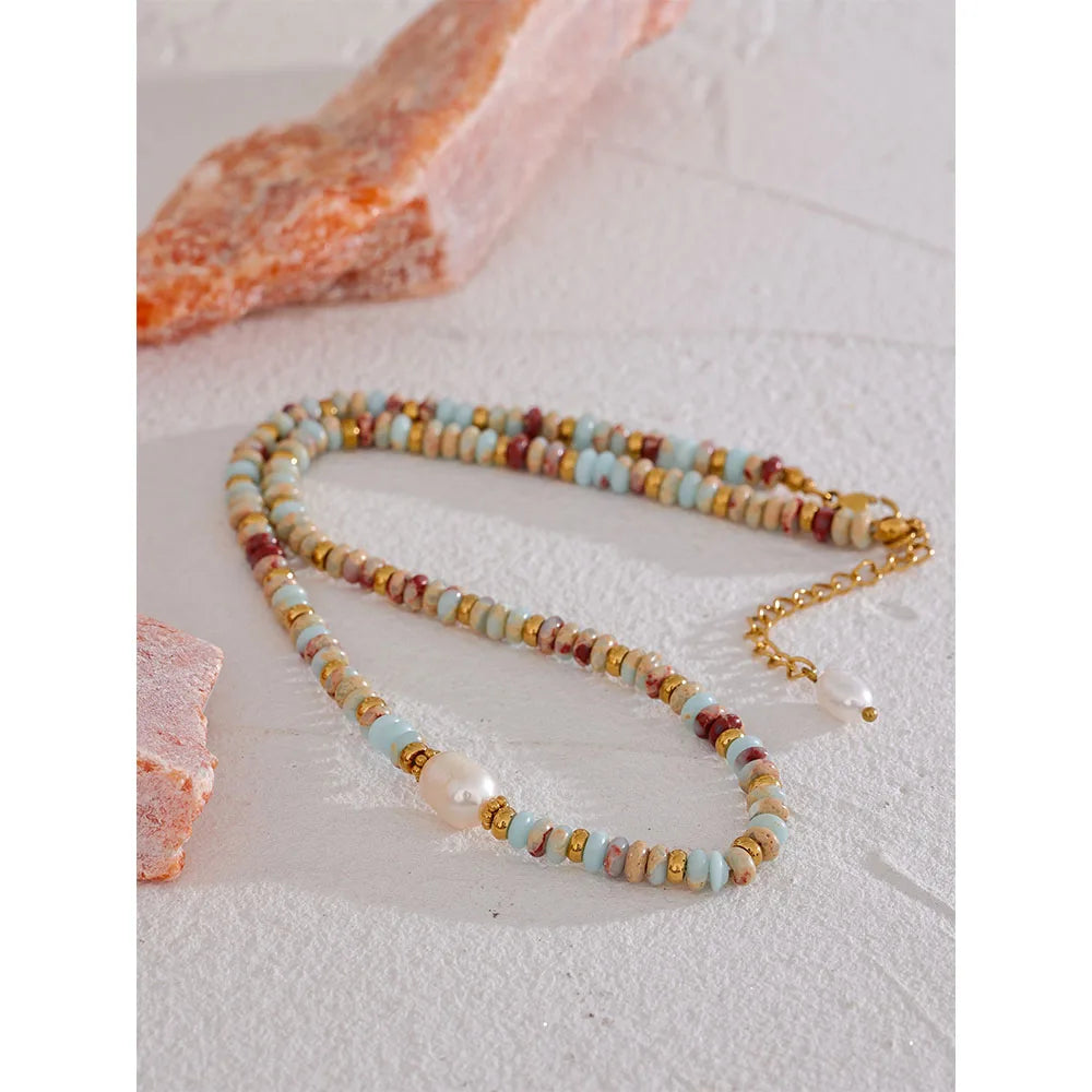 Choker with Natural Stone Beads and Freshwater Pearls