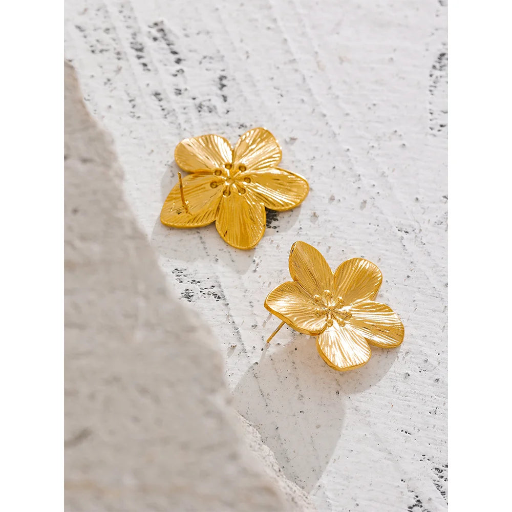 Water-Resistant 18K Gold Plated Statement Flower Stud Earrings