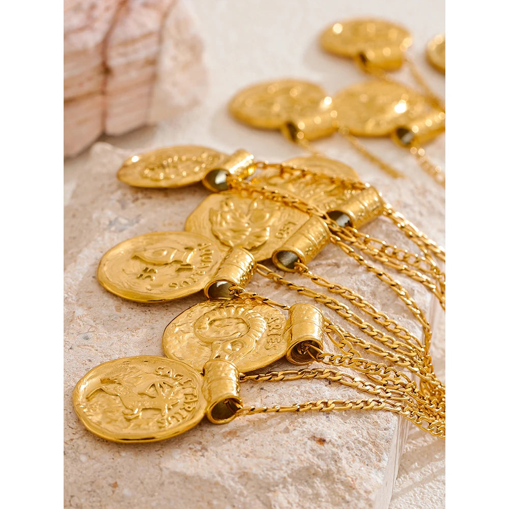 Water-Resistant 18K Gold Plated Vintage Necklace with Stellar Constellation Coin