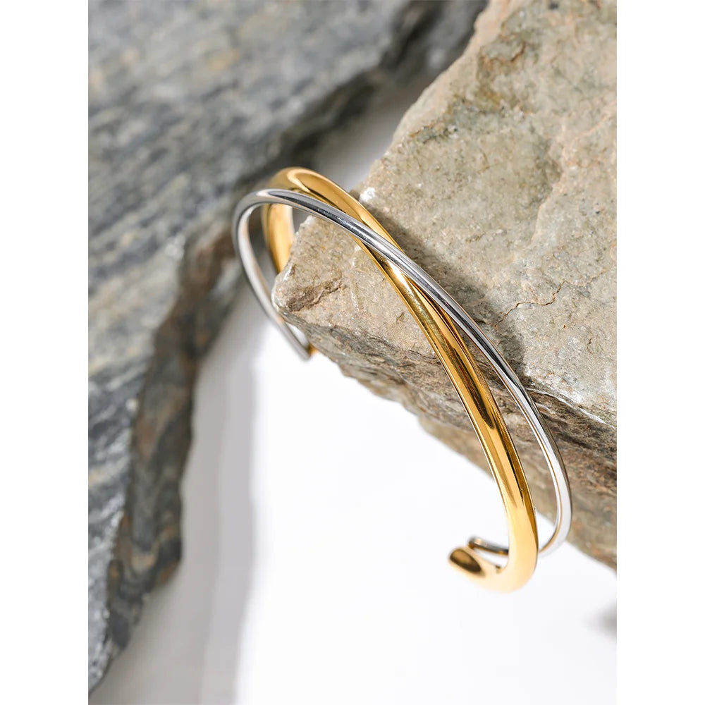 Water-Resistant 18K Gold Plated Simplicity Bracelet with Two Tones