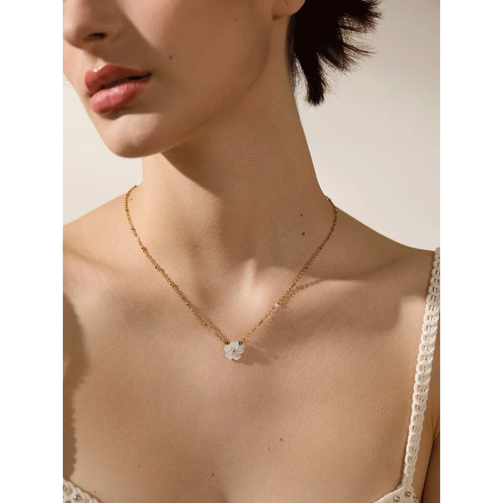 Water-Resistant 18K Gold Plated Necklace with White Sakura Pendant