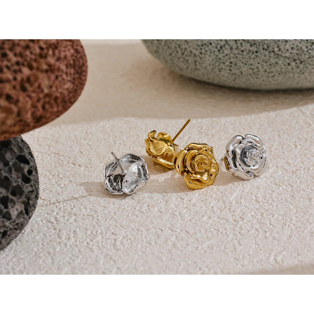 Water-Resistant 18K Gold Plated Rose Stud Earrings