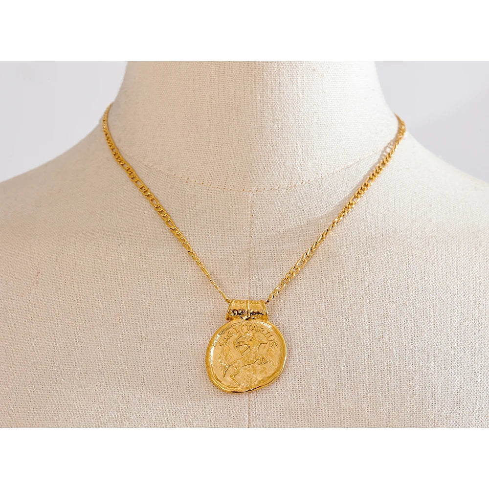 Water-Resistant 18K Gold Plated Vintage Necklace with Stellar Constellation Coin