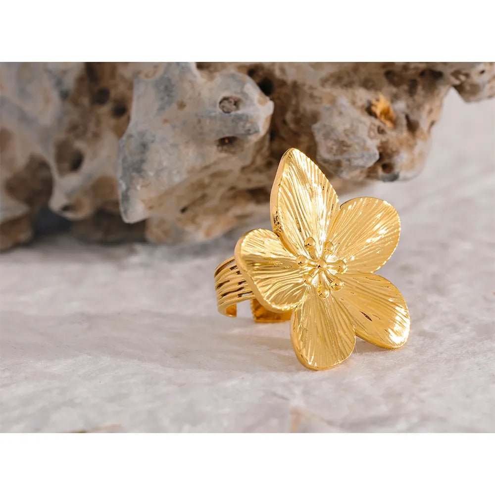 Water-Resistant 18K Gold Plated Adjustable Statement Flower Ring