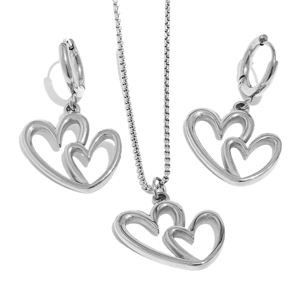 Water-Resistant 18K Gold Plated Necklace and Matched Hoop Earrings Featuring Heart Pendant