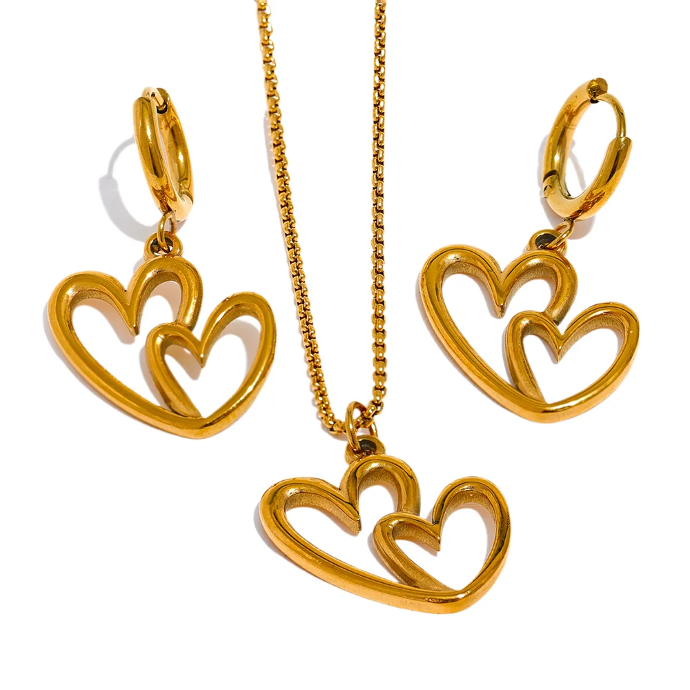 Water-Resistant 18K Gold Plated Necklace and Matched Hoop Earrings Featuring Heart Pendant