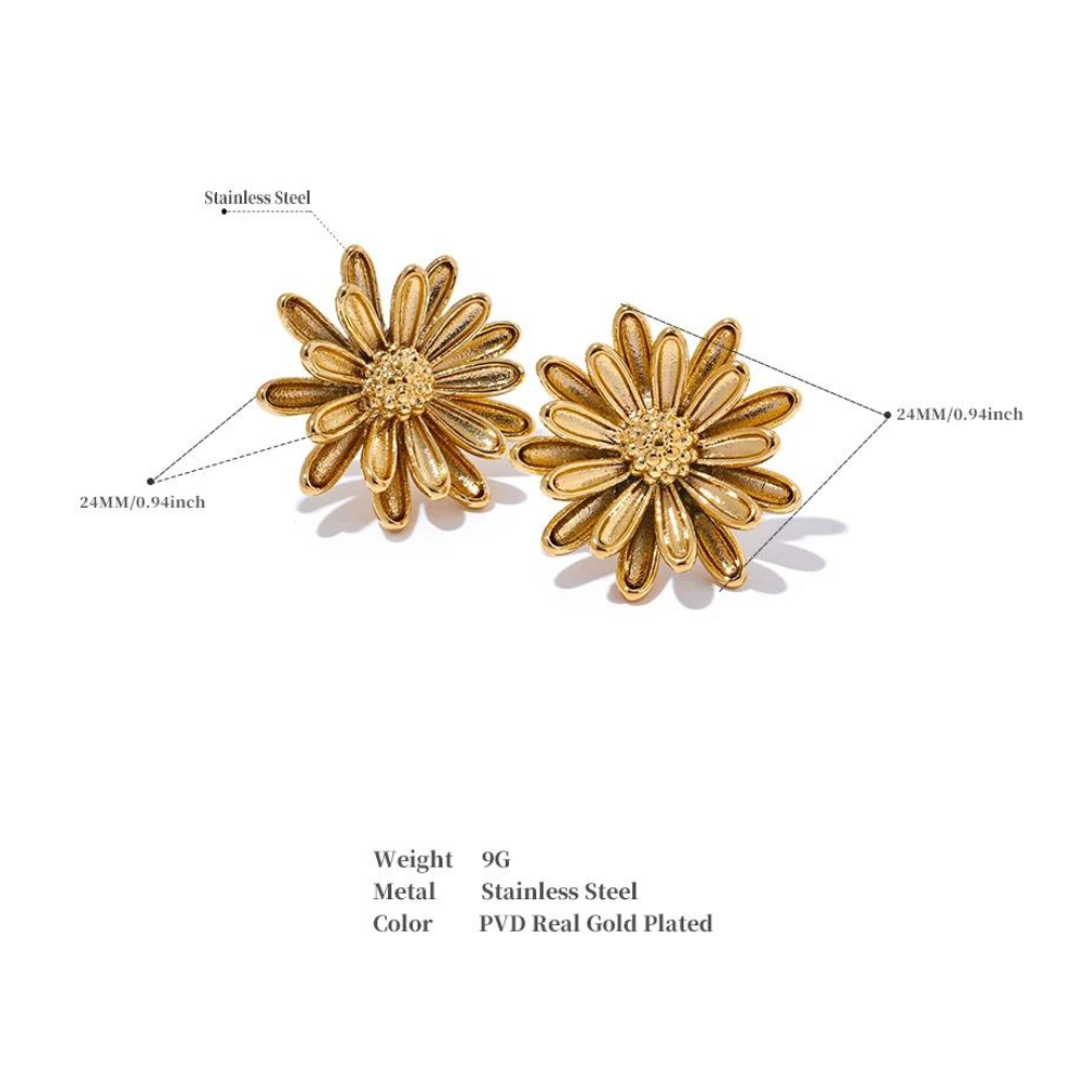 Water-Resistant 18K Gold Plated Chrysanthemum Daisy Flower Earrings