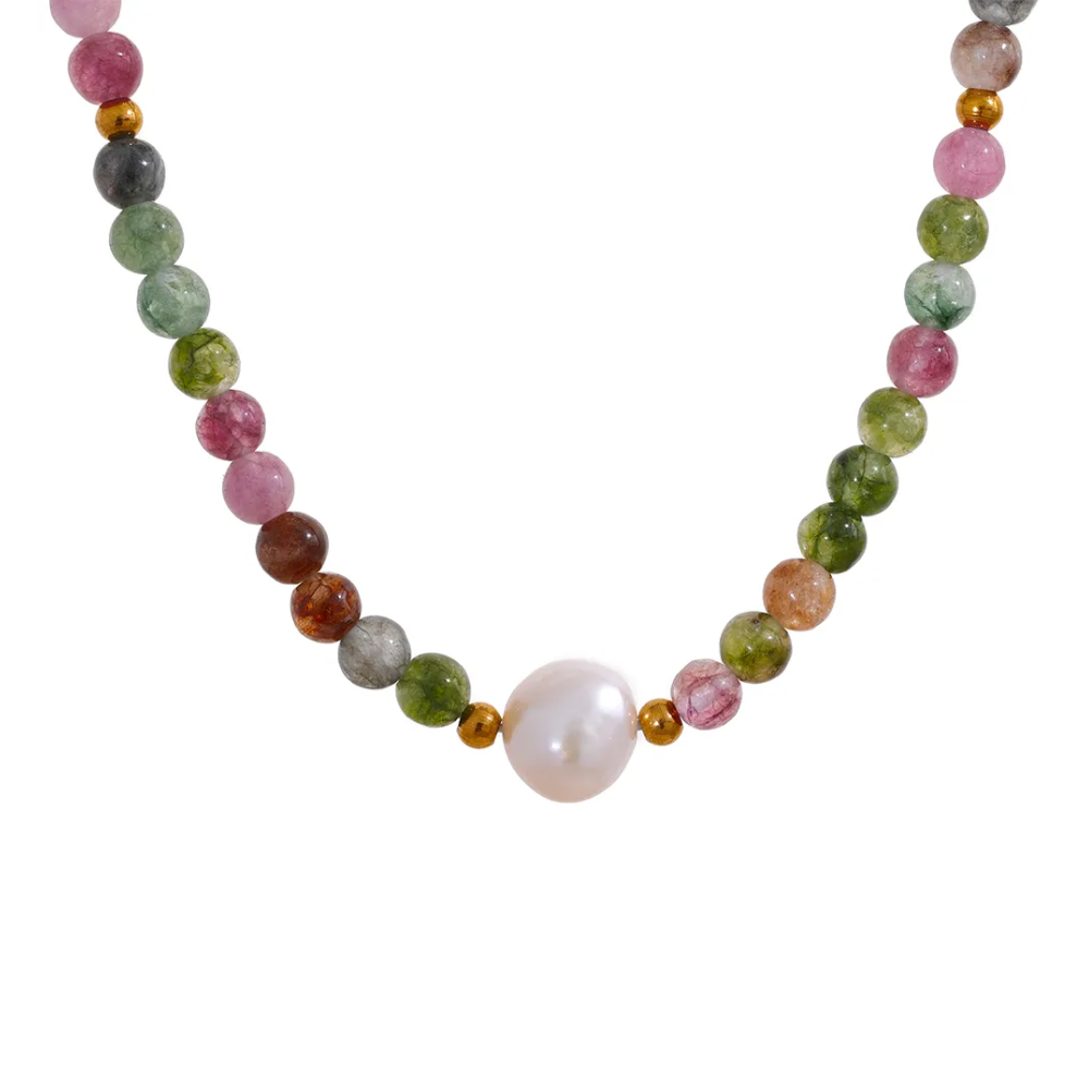 Chocker with Natural Stone Beads and Statement Pearl