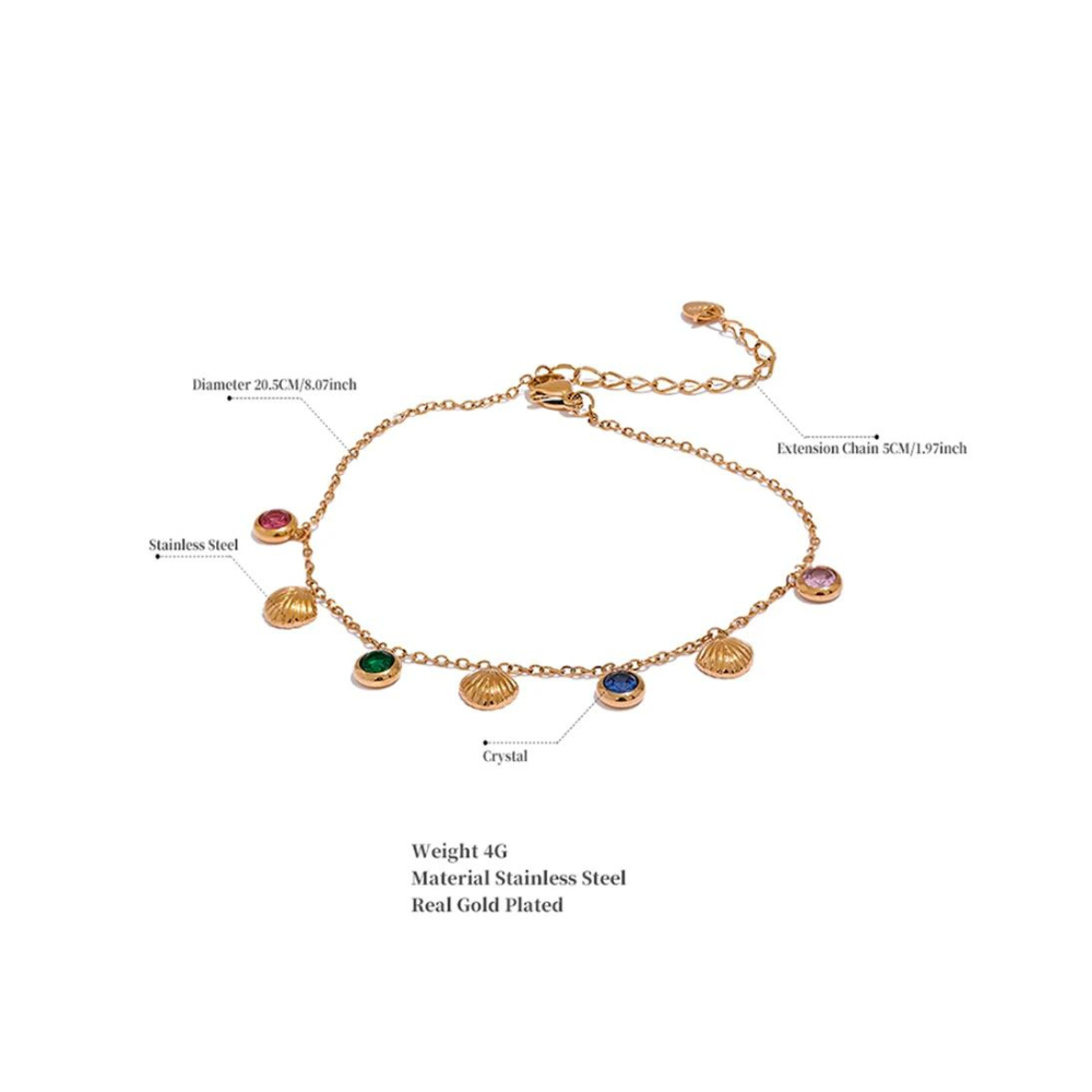 Water-Resistant 18K Gold Plated Anklet with Diamonds and Shells