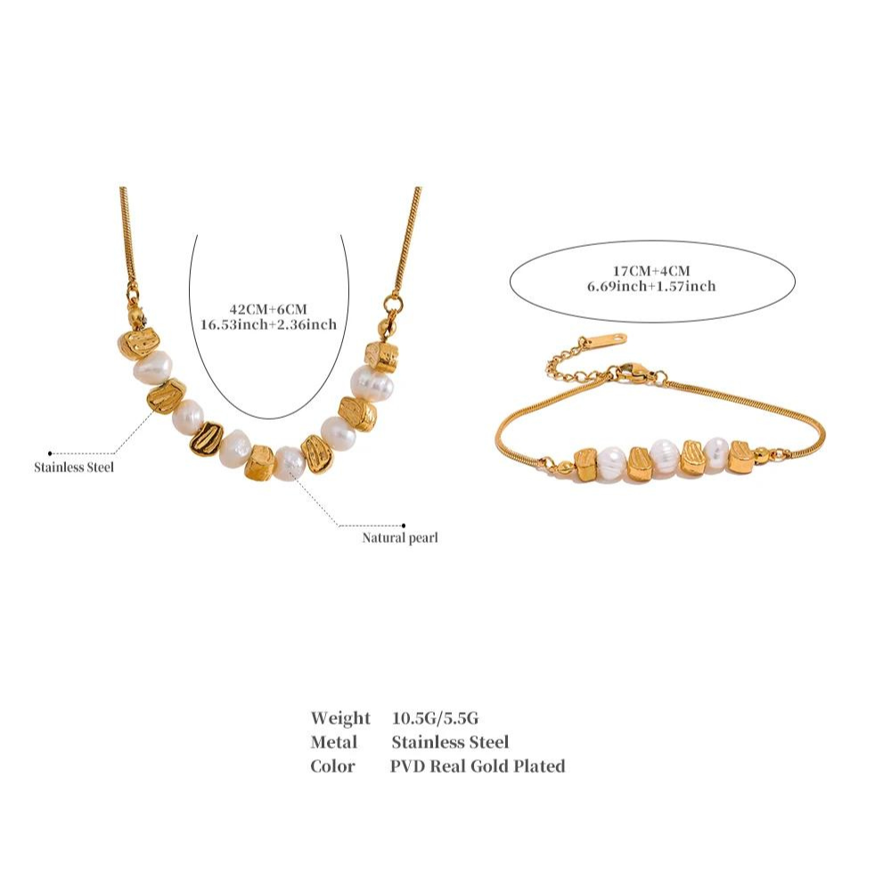 Water-Resistant 18K Gold Plated Necklace and Matched Bracelet with Freshwater Pearls