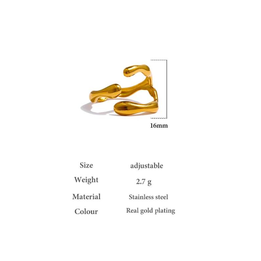 Water-Resistant 18K Gold Plated Asymmetry Adjustable Cuff Ring