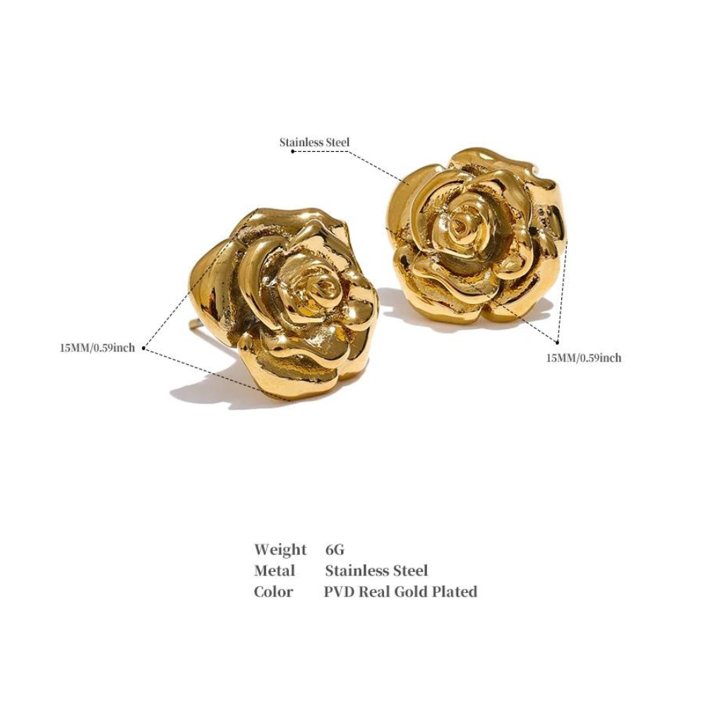 Water-Resistant 18K Gold Plated Rose Stud Earrings