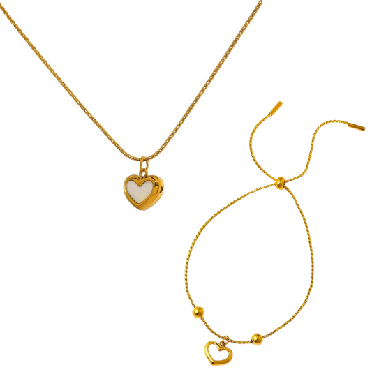 Water-Resistant 18K Gold Plated Necklace and Matched Bracelet with Shell Heart Pendant