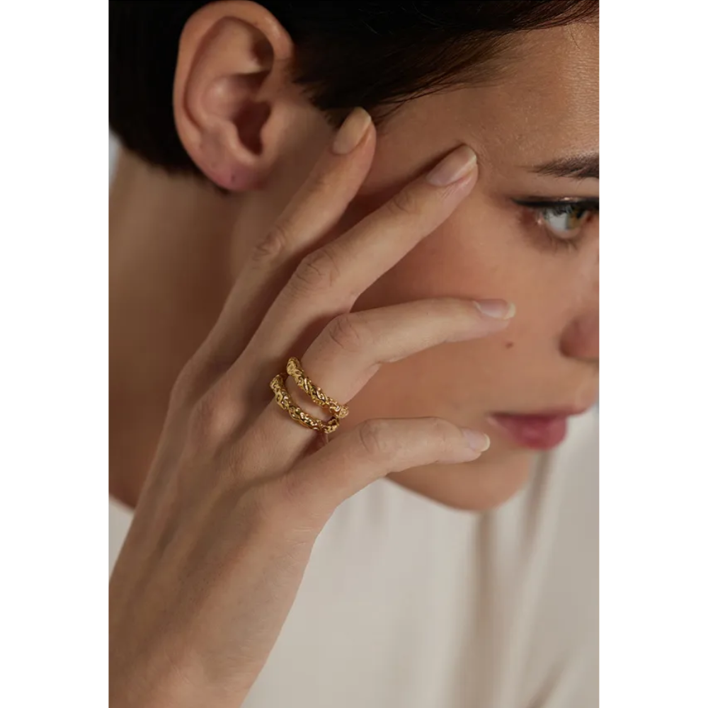 Water-Resistant 18K Gold Plated Double Band Cocktail Ring