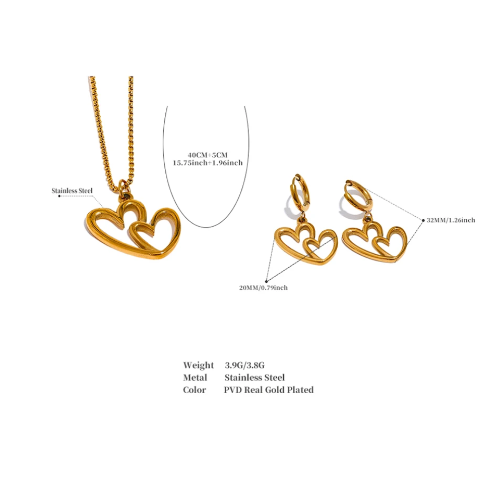 Water-Resistant 18K Gold Plated Necklace and Matched Hoop Earrings Featuring Heart Pendant