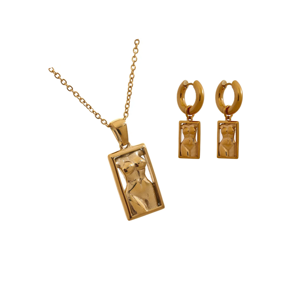 Water-Resistant 18K Gold Plated Necklace and Matched Hoop Earrings with Goddess Sculpture