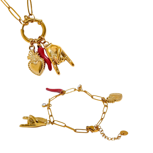 Water-Resistant 18K Gold Plated Rock 'n' Roll Necklace and Matched Bracelet with Trio Charms