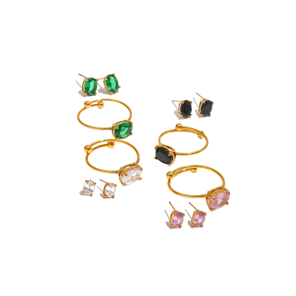 18K Gold Plated Ajustable Ring and Matched Earring Stud with Simulated Diamond