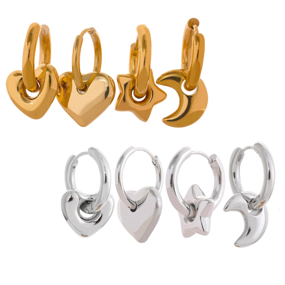 Water-Resistant 18K Gold Plated Hoop Earrings with Heart Start Moon