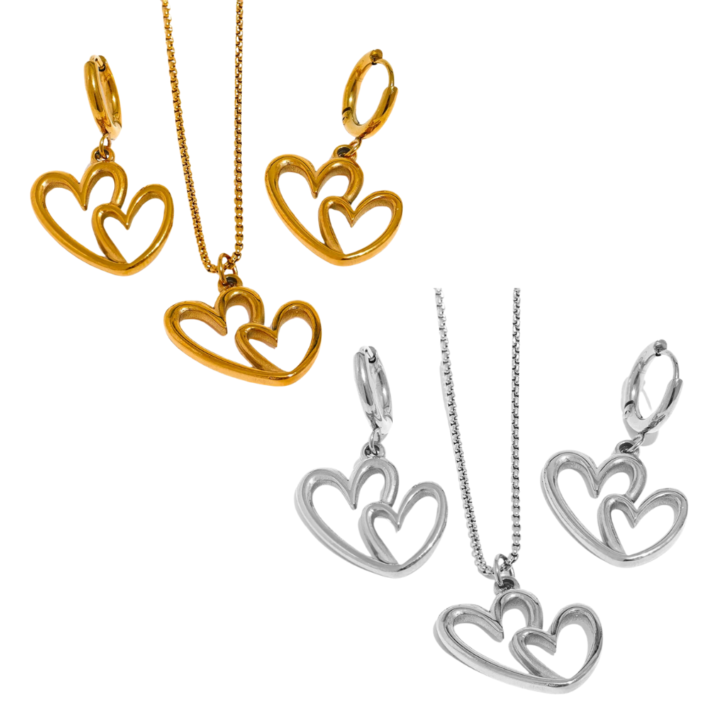 Water-Resistant 18K Gold Plated Necklace and Matched Hoop Earrings Featuring Heart Pendant