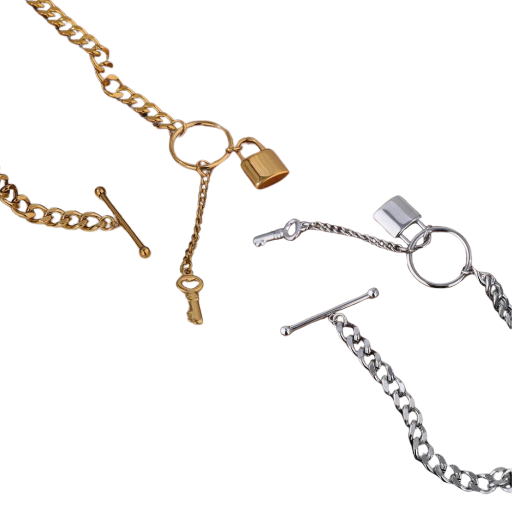 Water-Resistant 18K Gold Plated Punk Necklace with Lock Pendant