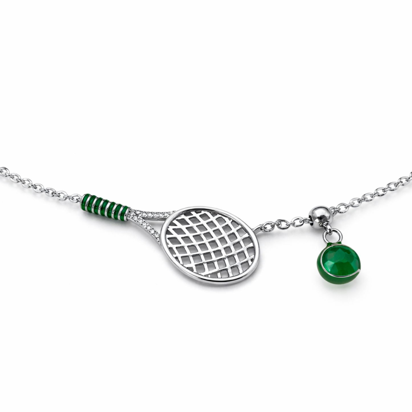 Platinum-Bonded 925 Sterling Silver Tennis Racket & Adjustable Ball Necklace