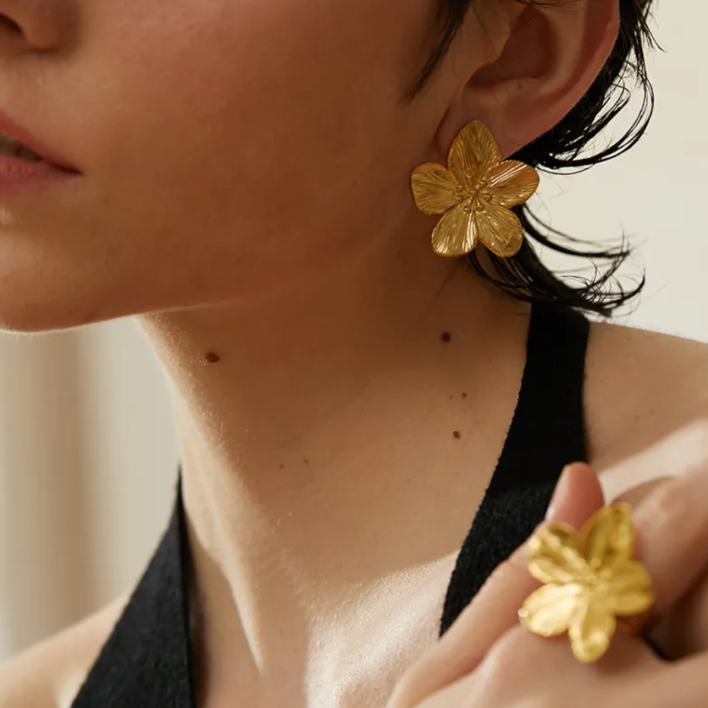 Water-Resistant 18K Gold Plated Statement Flower Stud Earrings