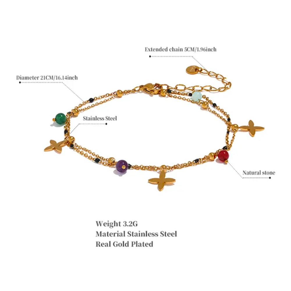 Water-Resistant 18K Gold Plated Anklet with Nature Stones